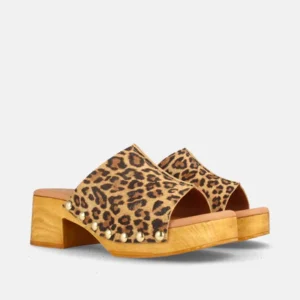 ZUECO LEOPARDO PARA MUJER CON PLATAFORMA Y TACÓN MEDIO EN PIEL